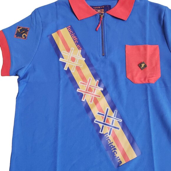 Lucid FC XL Polo Shirt With Red & Blue Color Block Zip-Up Collar Front Pocket - Picture 2 of 8